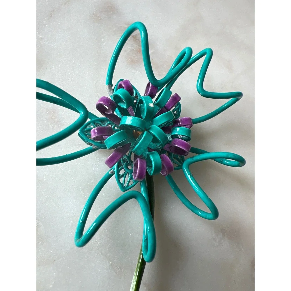 Vintage Enamel Flower Brooch Teal Purple Spring Summer